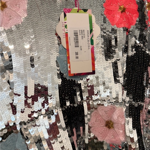 Celia B Geranie Dress Silver Sequin Floral Mini Dress with Pink Fur Trim - Picture 2 of 3